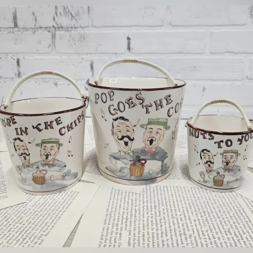 Vintage 50’s TILSO 3-pcs Hand-painted Ceramic Snack Bucket #0301265